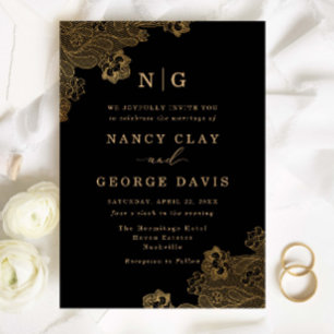 Classic Monogram Gold Lace Verziert Black Wedding Einladung