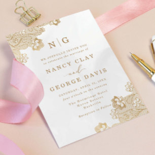 Classic Monogram Gold Lace Verziert Cream Wedding Einladung