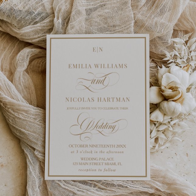 Classic Monogram Ivory Gold Wedding Einladung (Von Creator hochgeladen)