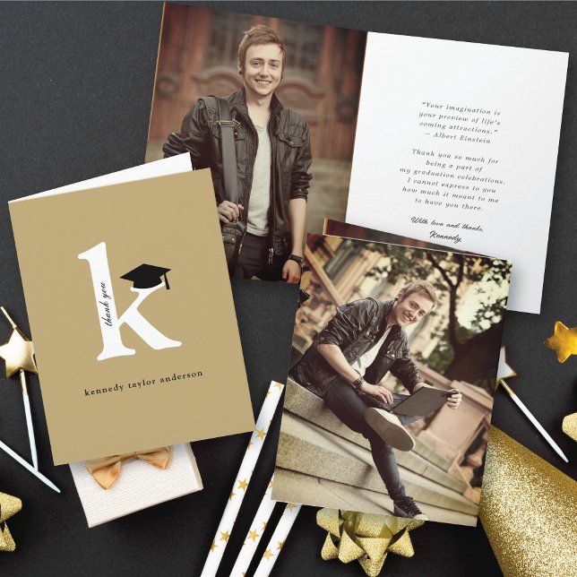 Classic Monogram K Graduation Cap Foto Modern Dankeskarte (Classic Monogram K Graduation Cap Modern Thank You Photo Folded Card @ zazzle.com/color_therapy)