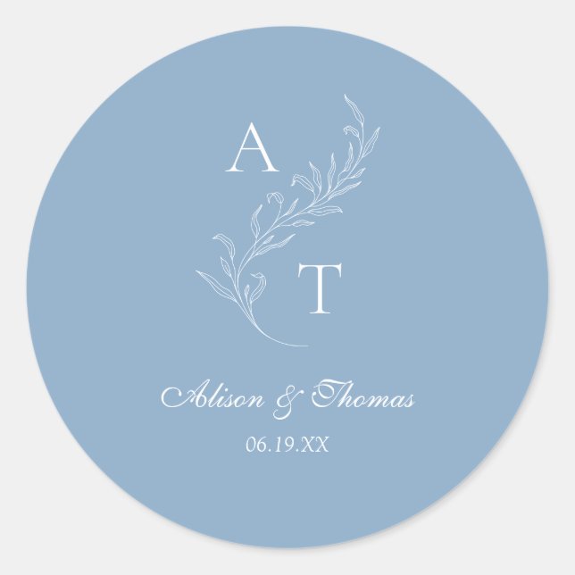 Classic Monogram Leaf Wedding Dusty Blue Envelope Runder Aufkleber (Vorderseite)