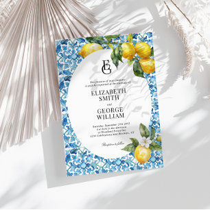 Classic Monogram Lemon Blue Mediterrane Hochzeit Einladung