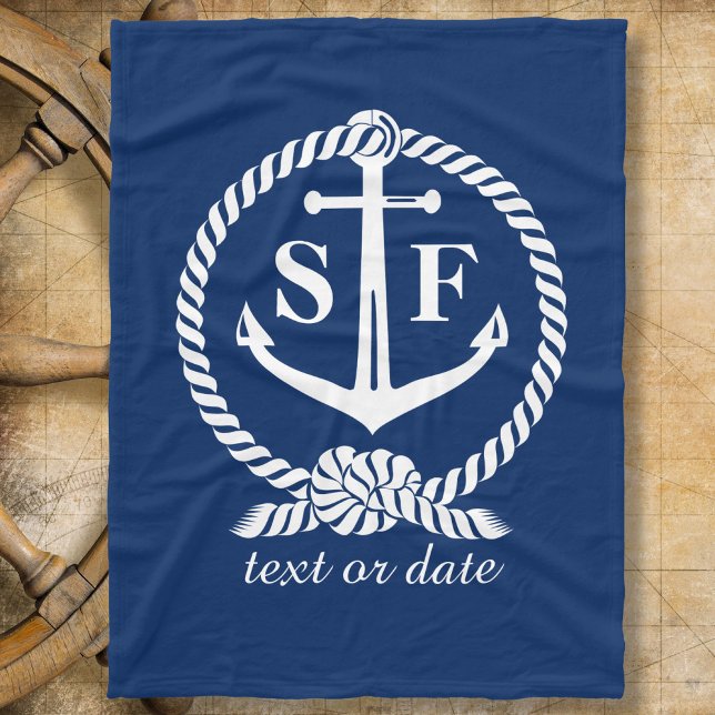 Classic Monogram Nautical Blue Anchor Beach Boat Fleecedecke (Von Creator hochgeladen)