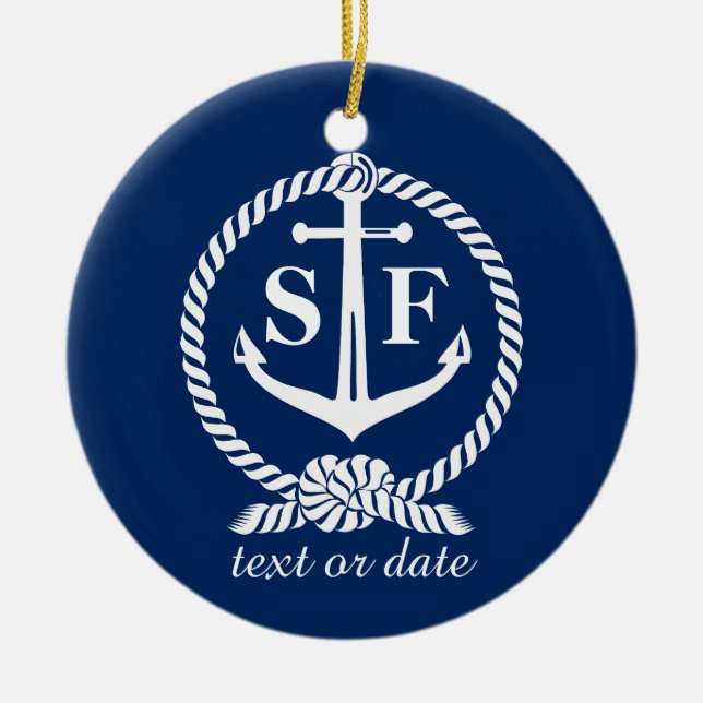 Classic Monogram Nautical Blue Anchor Beach Boat Keramikornament (Vorne)