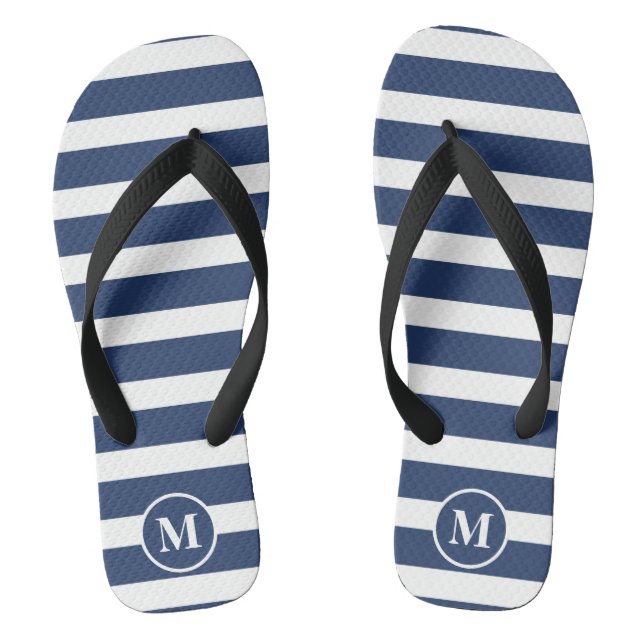 Classic Monogram Navy Blue and White Stripes Gedre Flip Flops (Fußbett)