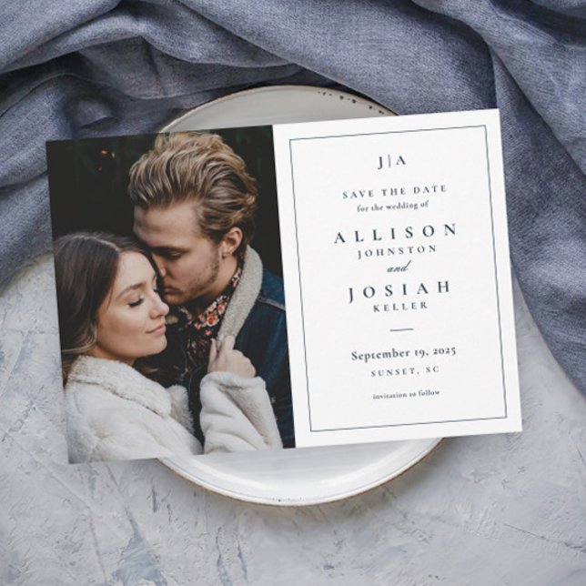 Classic Monogram Navy Blue and White Wedding Photo Save The Date (Elegant Typography Classic Monogram Photo Wedding Save the Date Card.)