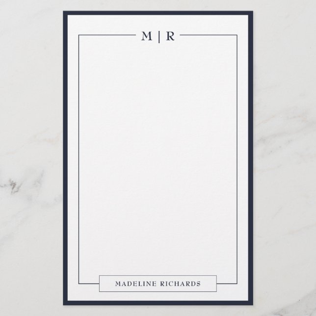 Classic Monogram Navy Blue Border Stationery Briefpapier (Vorderseite)