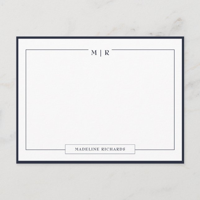Classic Monogram Navy Blue Border Stationery Postkarte (Vorderseite)