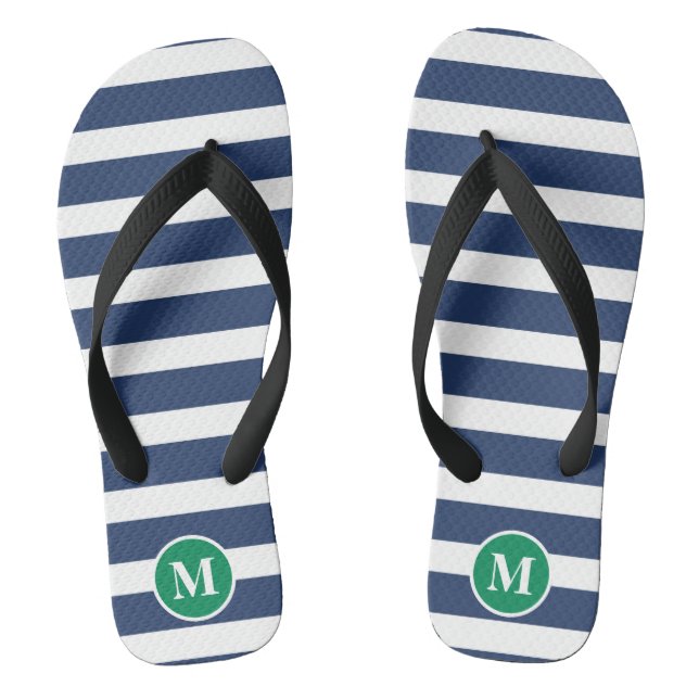 Classic Monogram Navy Blue und Green Stripes Flip Flops (Fußbett)