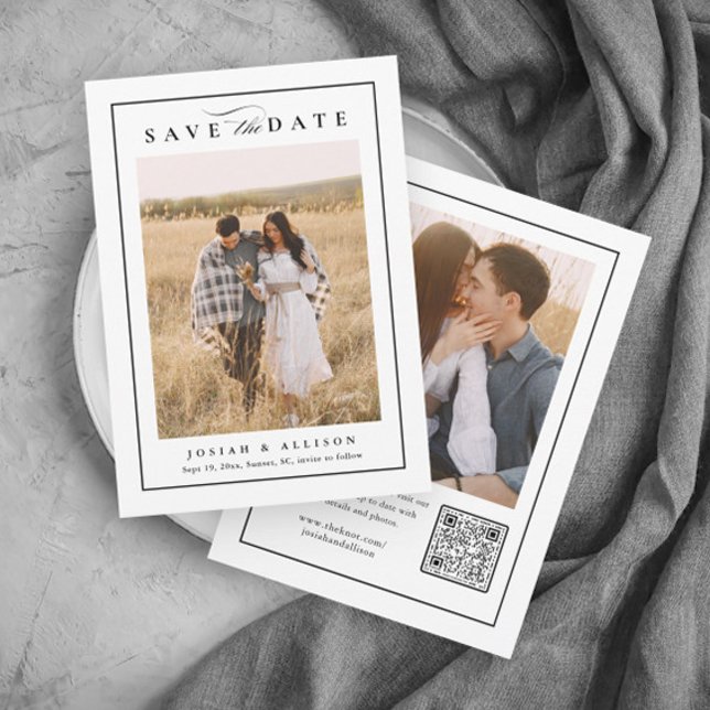 Classic Monogram QR Code 2 Foto Hochzeit Save The Date (Elegant black and white 2 photo wedding save the date with QR code.)