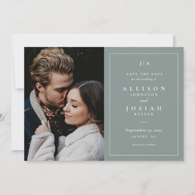 Classic Monogram Sage Green Wedding Foto Save The Date (Vorderseite)