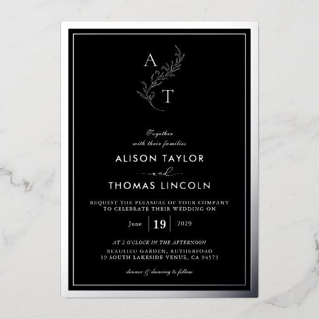 Classic Monogram Wedding Black and Silver Folieneinladung (Vorderseite)