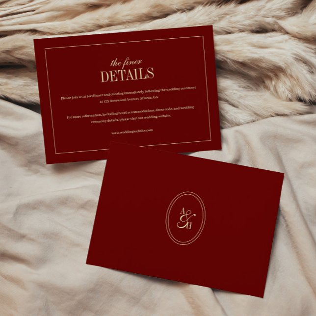 Classic Monogram Wine Red Wedding Details Begleitkarte (Von Creator hochgeladen)