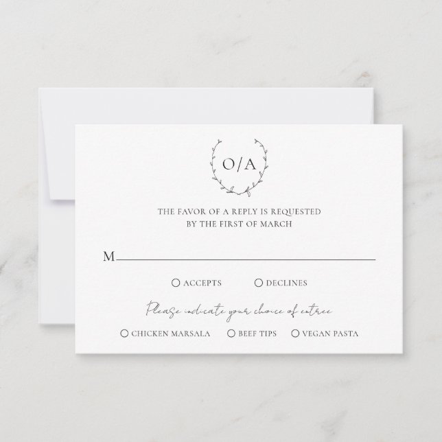 Classic Monogram Wreath Wappen Elegante Hochzeit RSVP Karte (Vorderseite)