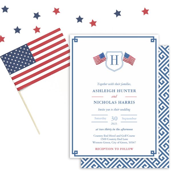 Classic Monogramm 4. Juli Hochzeit Einladung (Elegant Patriotic Red White Blue Monogram Wedding Invitation With A Blue And White Greek Key Backer)