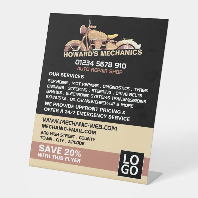 Classic Motorcycle, Auto Mechanic & Repairs Advert Sockelschild (Vorderseite)
