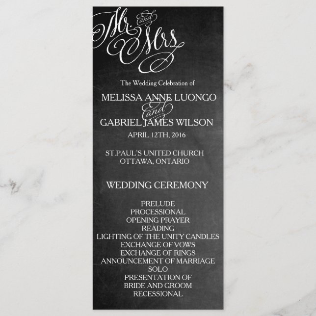 Classic Mr. & Mrs. Wedding Program Chalkboard Programm (Vorderseite)