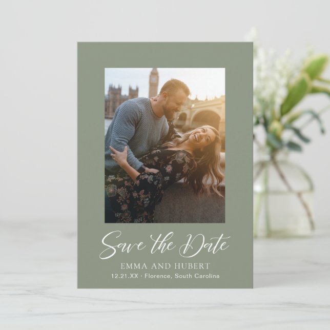Classic Mute Green Foto Elegante Hochzeit Save The Date (Stehend Vorderseite)