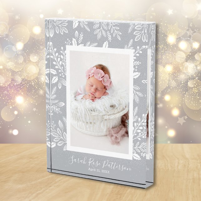 Classic Name Custom Fotoblock (White leaves and dots on pale gray personalized custom photo acrylic block)