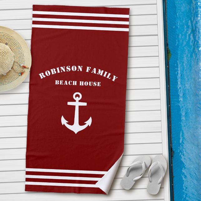 Classic Nautical Anchor Family Beach House Red Strandtuch (Von Creator hochgeladen)