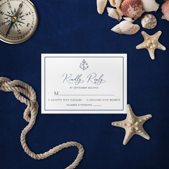 Classic Nautical Anchor Monogram Wedding RSVP Karte (Von Creator hochgeladen)