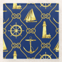 Classic Nautical Gold Blue Sailboat Lighthouse Glasuntersetzer