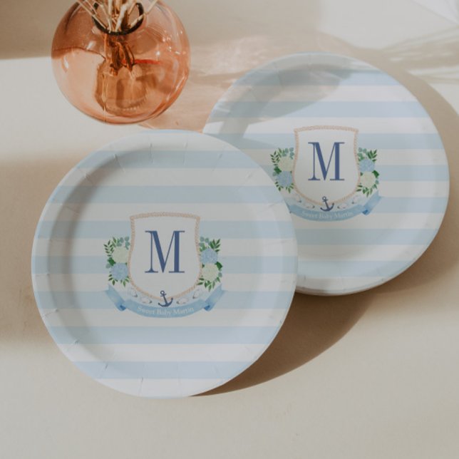 Classic Nautical Monogram Boy Baby ShowParty Pappteller (Coastal monogram crest initial monogram baby shower or wedding anniversary paper plates)