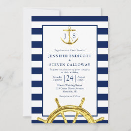 Classic Nautical Navy Blue and Gold Wedding Einladung