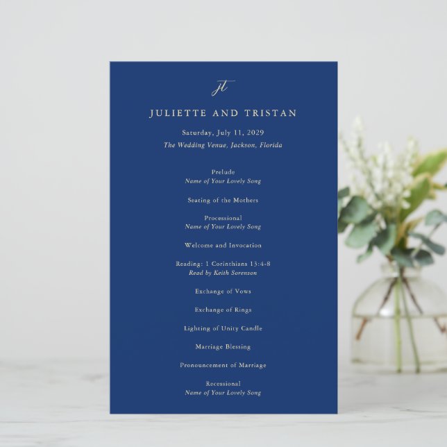 Classic Navy and Cream Elegant Wedding Program (Stehend Vorderseite)