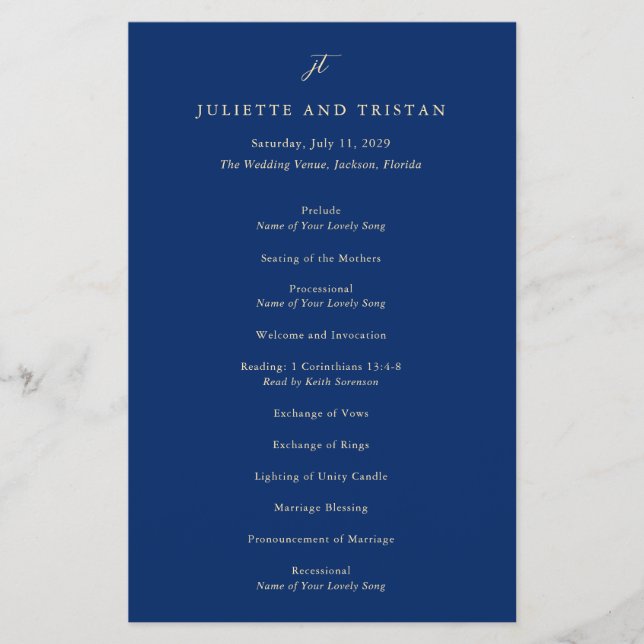 Classic Navy and Cream Elegant Wedding Program Flyer (Vorne)