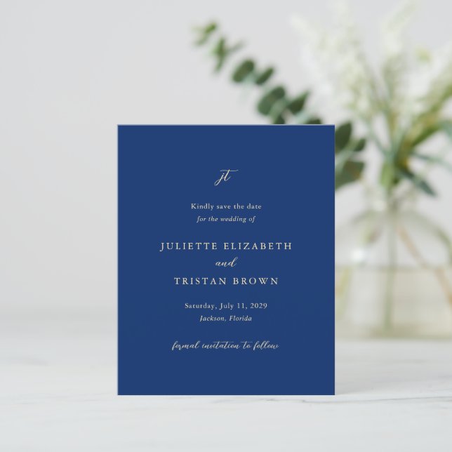 Classic Navy and Cream Wedding Save the Date (Stehend Vorderseite)