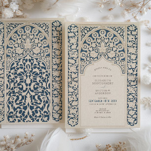 Classic Navy Blue & Cream Lace Wedding Einladung