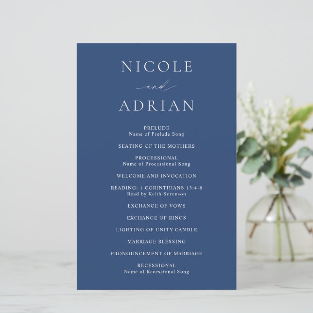 Classic Navy Blue Elegant Wedding Program (Stehend Vorderseite)