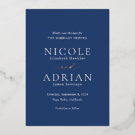 Classic Navy Blue Elegante Hochzeit Save the Date Folieneinladung