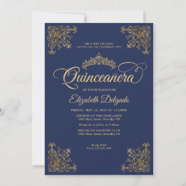 Classic Navy Blue Gold Frame Tiara Quinceanera Einladung