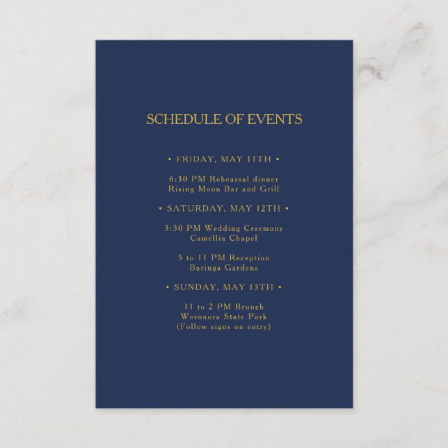 Classic Navy Blue Gold Hochzeitskalender Begleitkarte (Vorderseite)