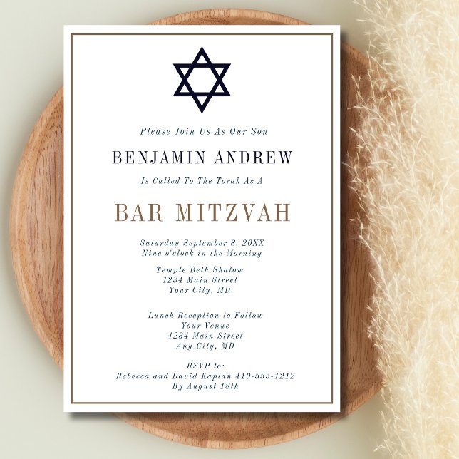 Classic Navy Blue Gold Star Bar Bat Mitzvah Einladung (Navy Blue Gold Jewish Star of David Bar Bat Mitzvah Invitation for son or daughter)