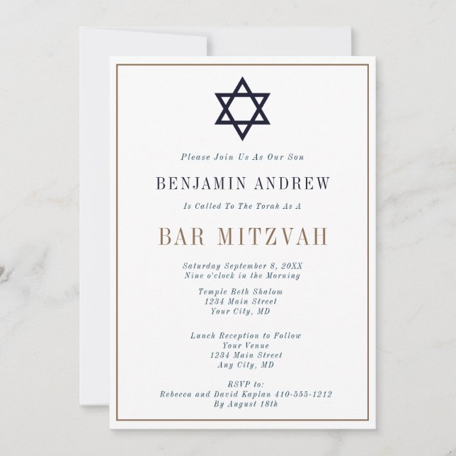 Classic Navy Blue Gold Star Bar Mitzvah Einladung (Vorderseite)