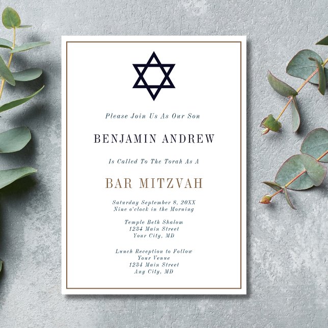 Classic Navy Blue Gold Star Bar Mitzvah Einladung (Classic Navy Blue Gold Star of David Bar Mitzvah Invitation. Formal Traditional)
