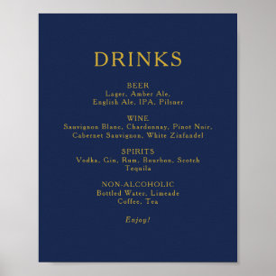 Classic Navy Blue   Gold Wedding Drinks Menu Sign Poster