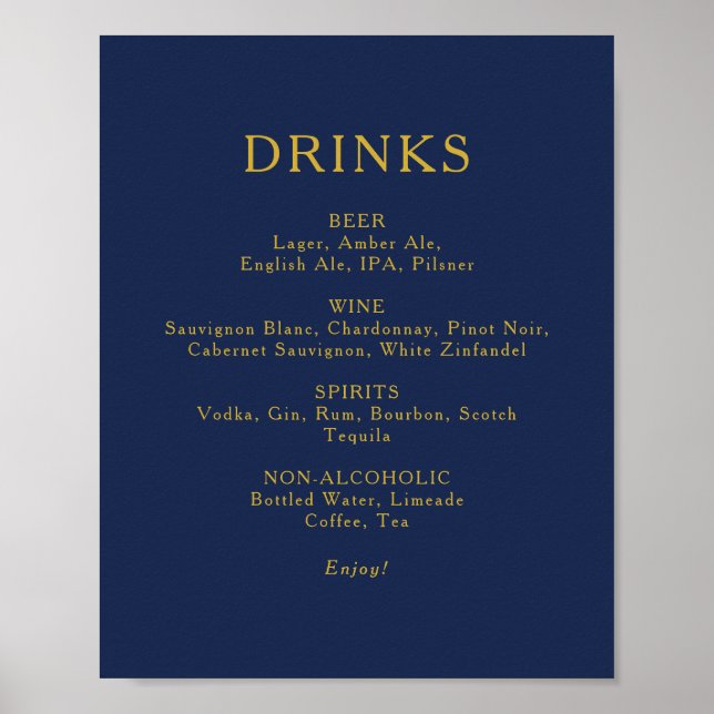 Classic Navy Blue | Gold Wedding Drinks Menu Sign Poster (Vorne)