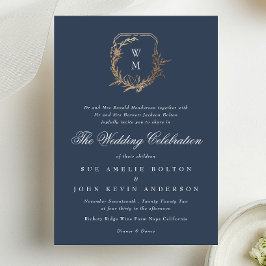 Classic Navy Blue Monogram Hochzeitgold Wappen Einladung