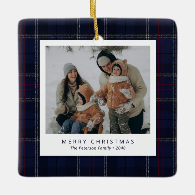 Classic Navy Blue Plaid Family 4 Photo Holiday Keramikornament (Vorderseite)
