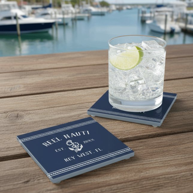 Classic Navy Blue | Rustikaler Name des Ankerboote Glasuntersetzer (Von Creator hochgeladen)