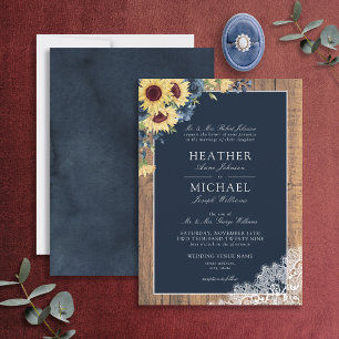 Classic Navy Blue Sunflower Lace Script Hochzeit Einladung
