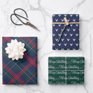 Classic Navy Blue Tartan Kariert Frohe Weihnachten Geschenkpapier Set