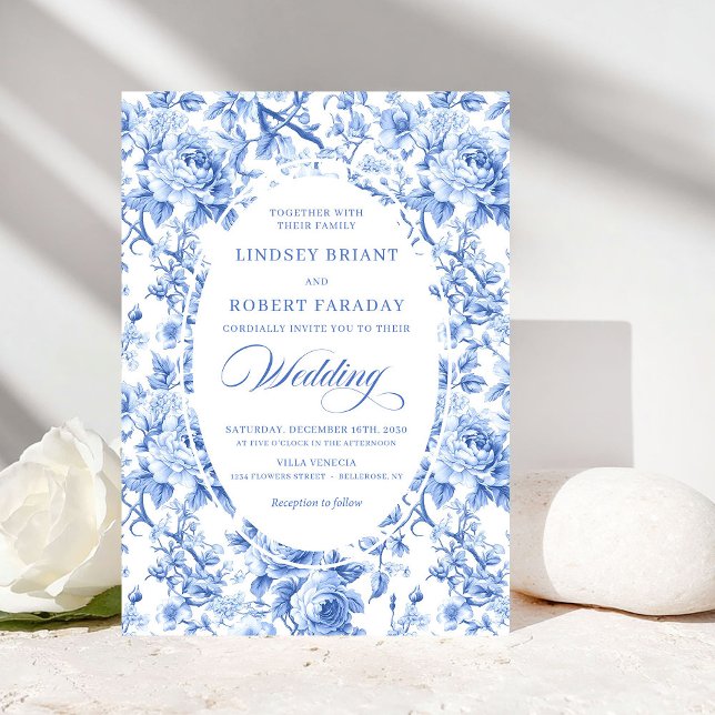 Classic Navy Blue Toile Rose Formal Wedding Invite Einladung (Classic Navy Blue Toile Rose Formal Wedding Invitation)