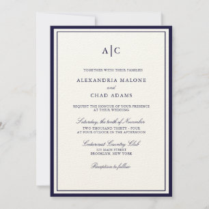 Classic Navy Blue und Ecru Monogram Wedding Einladung