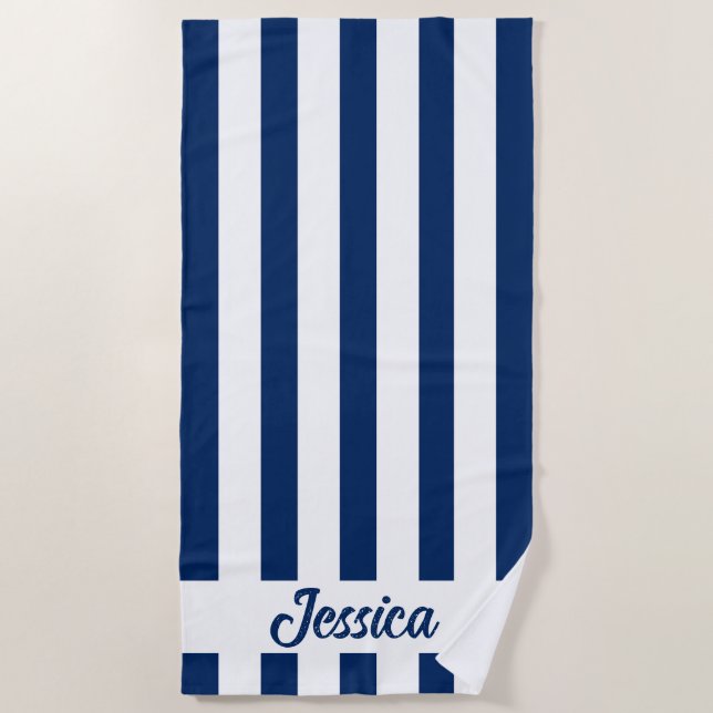 Classic Navy Blue und White Cabana Strip Strandtuch (Vorderseite)