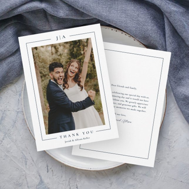 Classic Navy Blue Wedding Foto Dankeskarte (Elegant Monogram Navy Blue Photo Wedding Thank you Cards.)